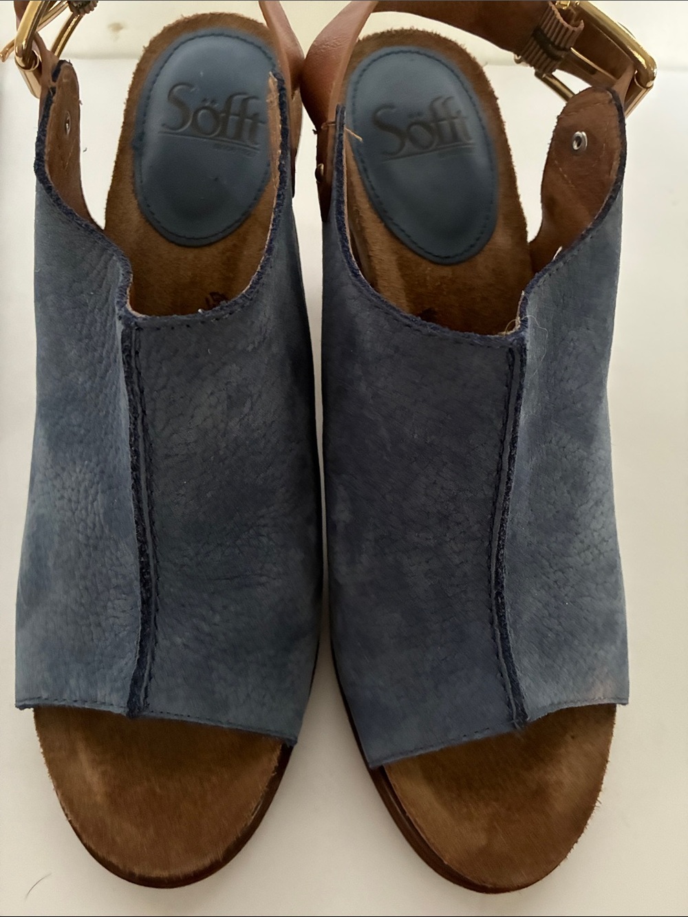 Söfft Blue Leather Open-Toe Slingback Sandals Block Heel Size 9M , Heel 3 1/2”